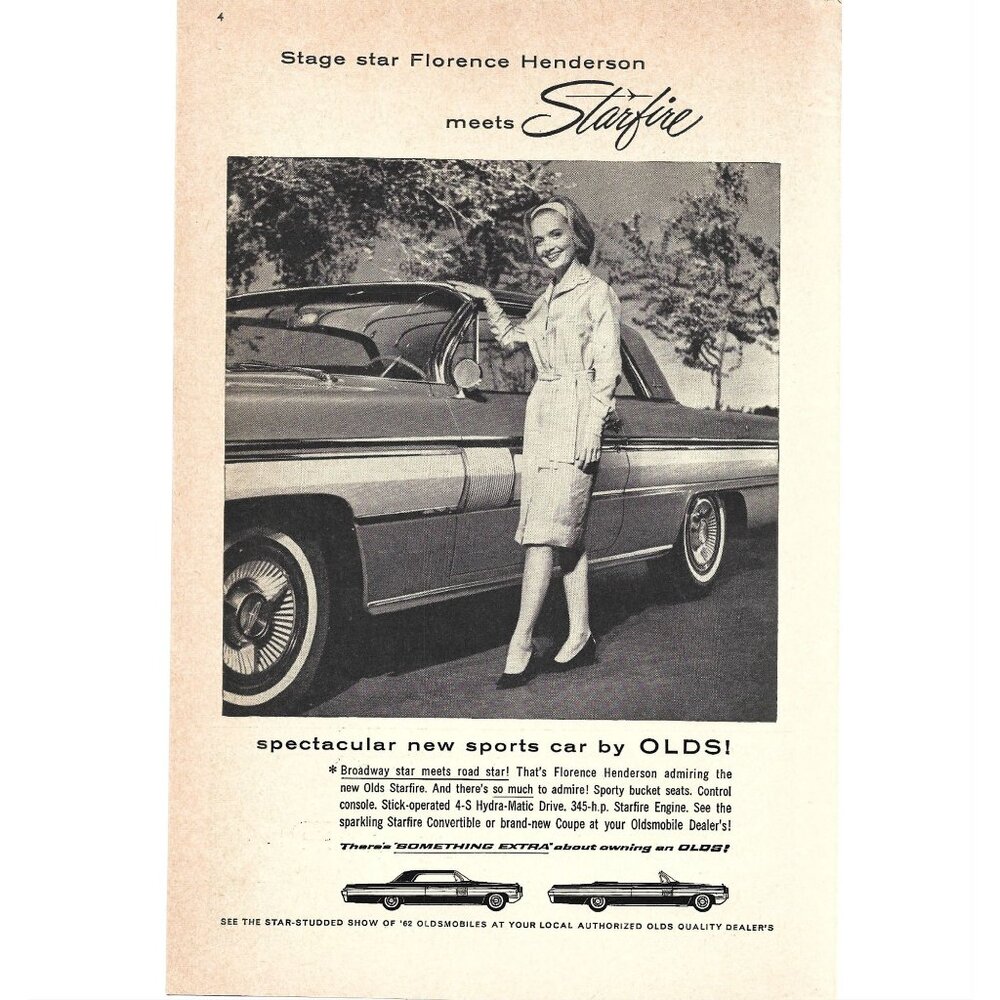 Florence Henderson Starfire Oldsmobile 1960s Vintage Print Ad 9 inch Tall